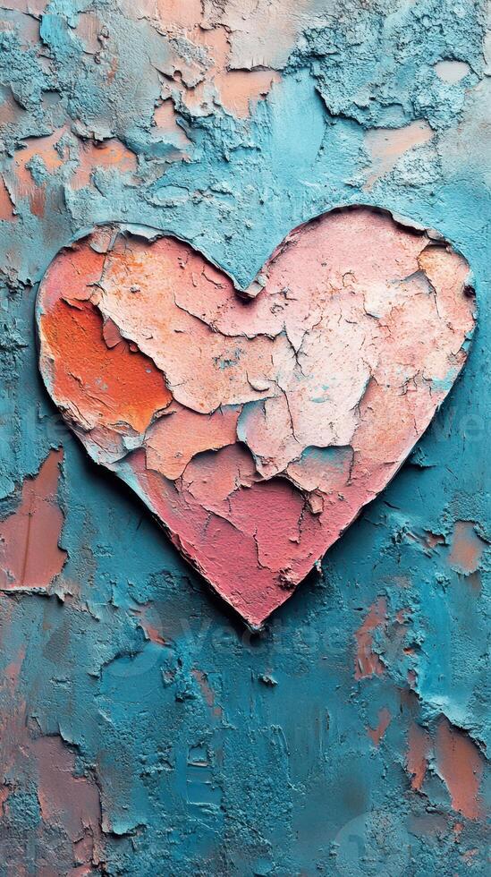 Weathered heart shape against textured blue background shows layers of paint and wear revealing vibrant colors beneath in artistic expression photo