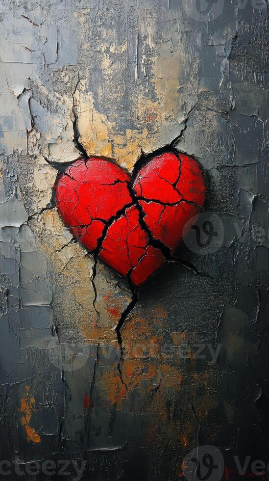 Heart symbolizing pain and resilience against a textured dark background with cracks displayed prominently photo