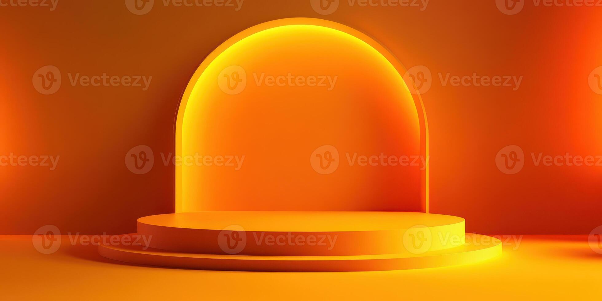 Bright orange stage backdrop with glowing arch and circular platform for presentations or performances photo
