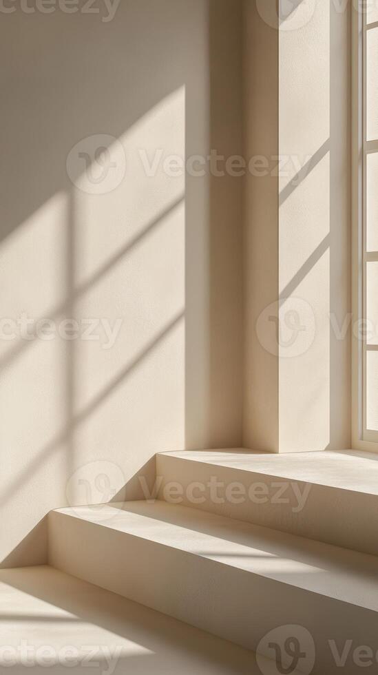 Sunlight filters through windows casting shadows on smooth staircase in minimalist interior setting photo