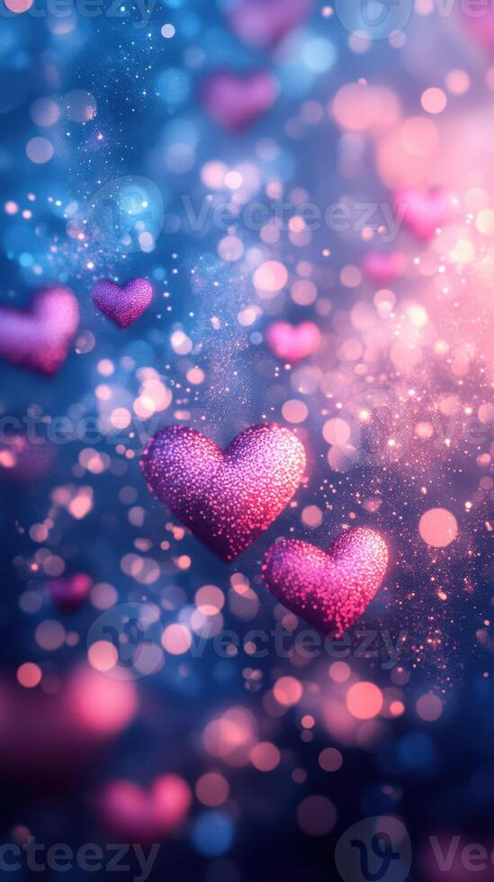 Colorful hearts floating in a dreamy background filled with soft lights and sparkles during a festive celebration photo
