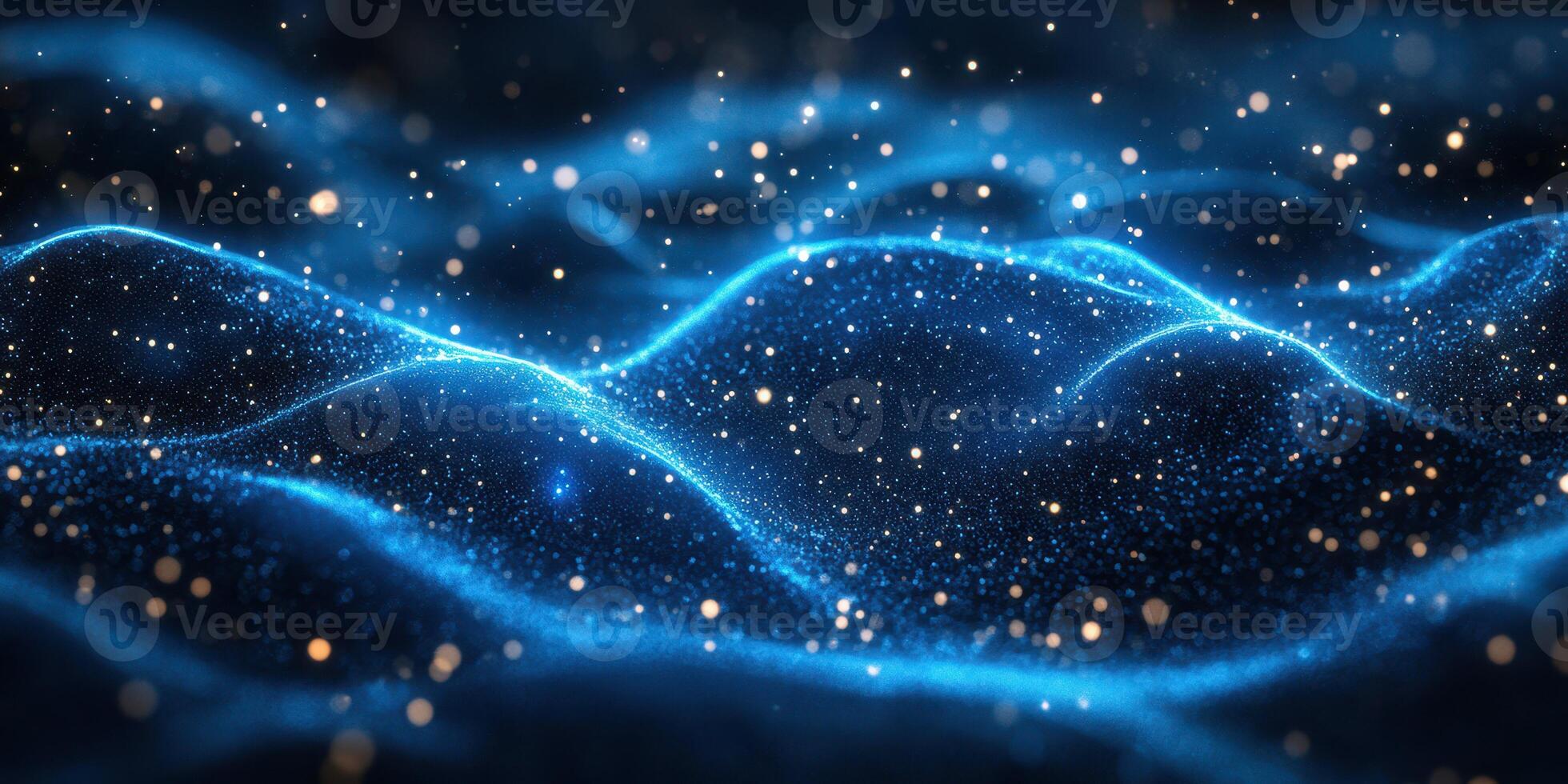 Visual representation of flowing blue waves illuminated by particles in a dark environment photo
