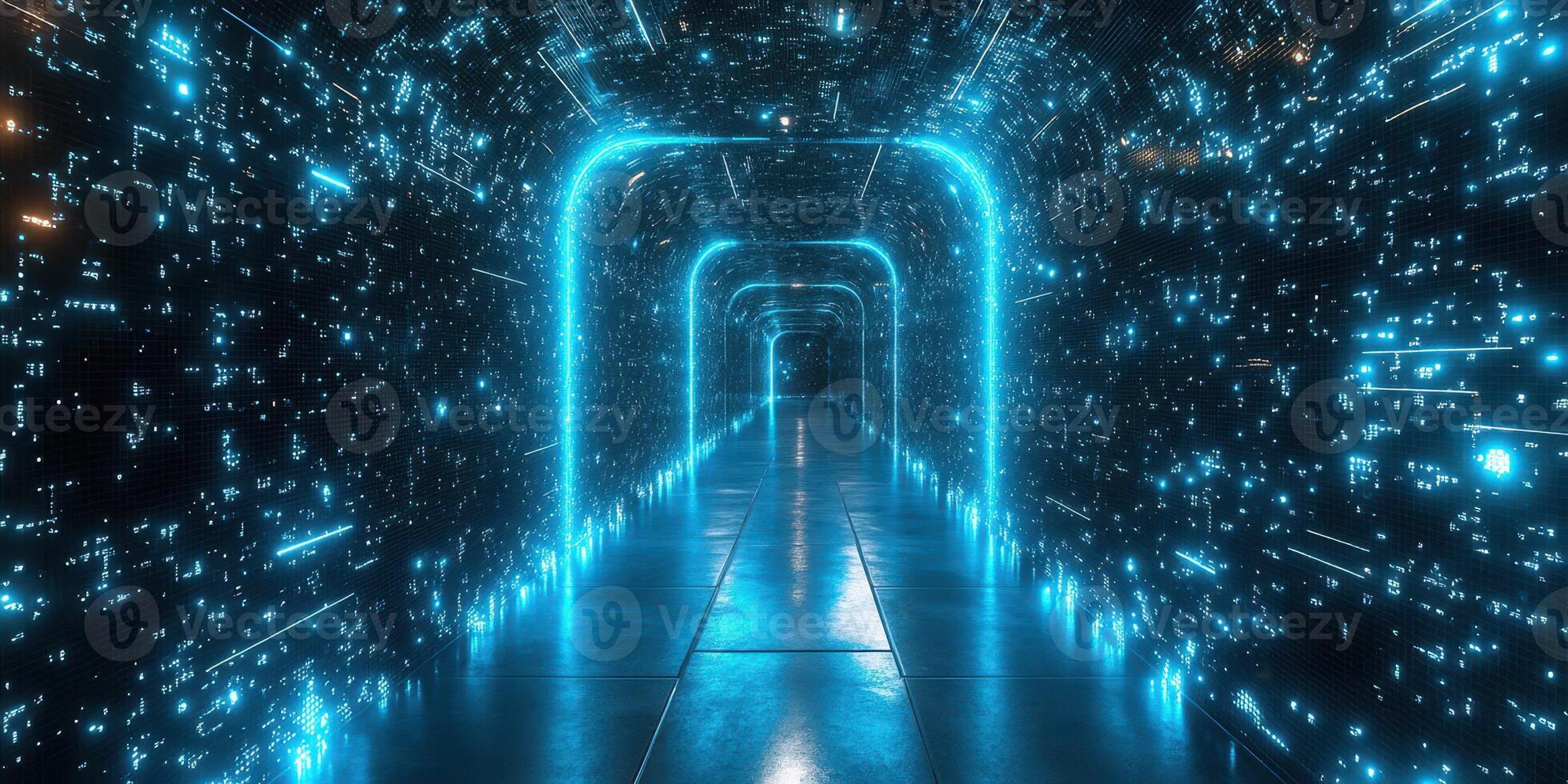 Futuristic digital corridor illuminated by glowing blue lights with a sleek reflective floor photo