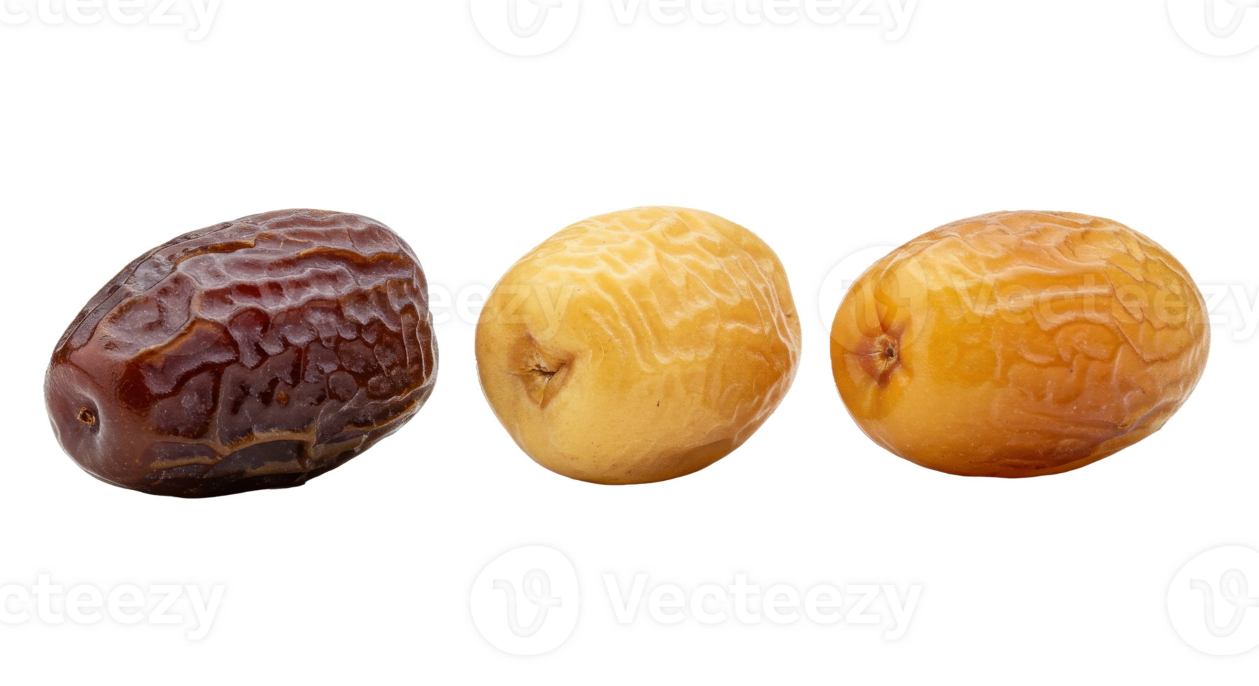 3 Vibrant tan dates with shiny finish perfect for ramadan treats on clear transparent png