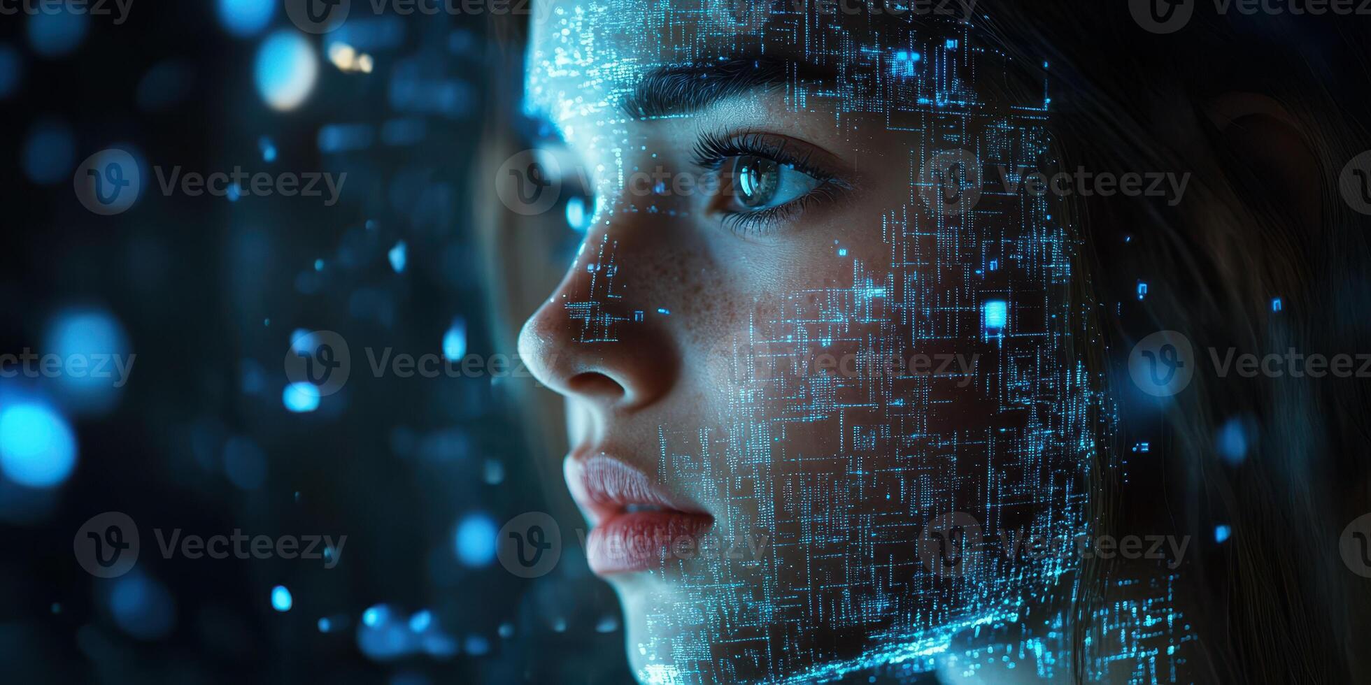 Digital portrait of a young woman with glowing patterns projected on her face during a futuristic concept exploration photo
