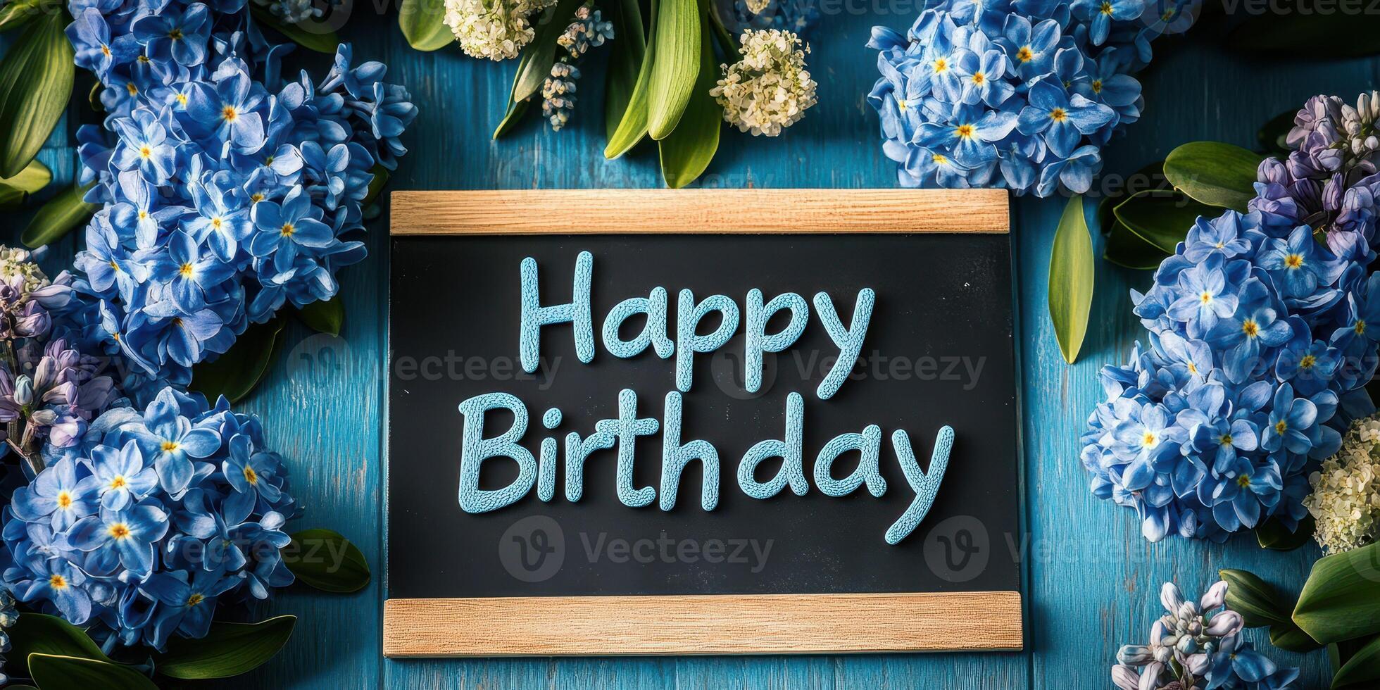 Celebration of a special day with vibrant blue flowers and a birthday message on a wooden surface photo