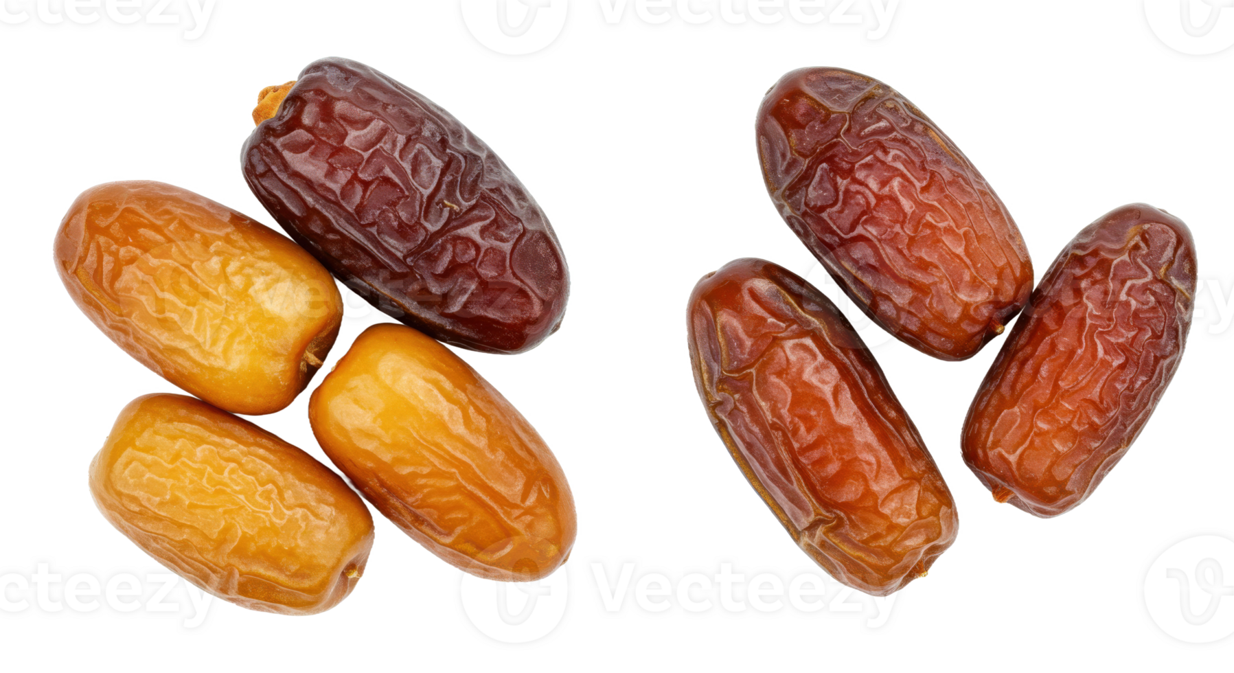 Scatter of golden dates with glossy finish ideal for ramadan fasting on clear backdrop png
