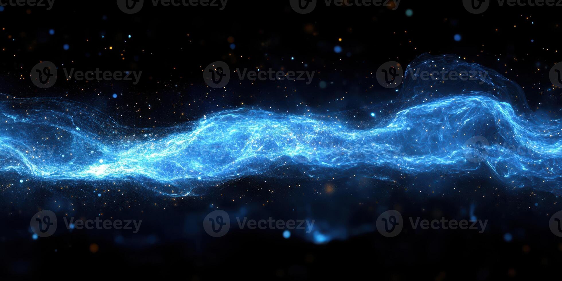 Vibrant blue cosmic energy flows through the darkness of space with shimmering stars surrounding it photo