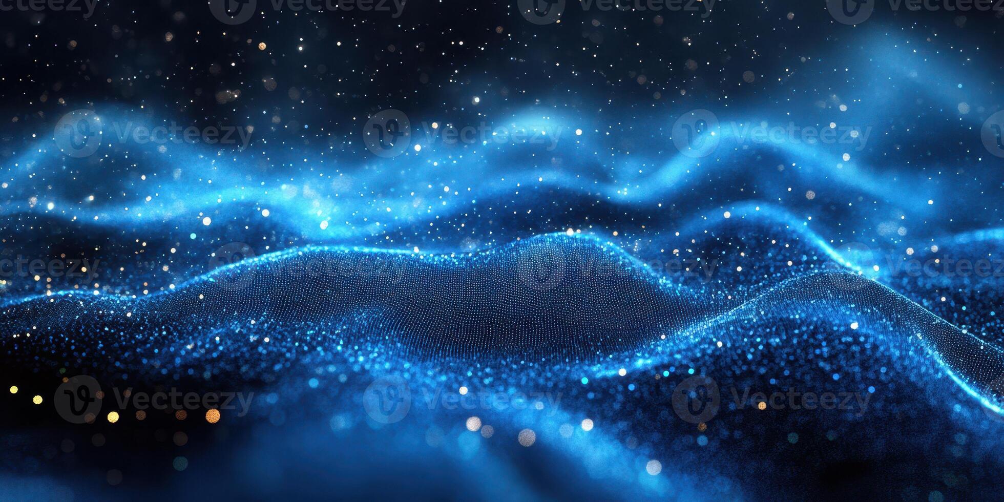 Vibrant blue waves illuminated by shimmering particles in a cosmic inspired background during nighttime photo