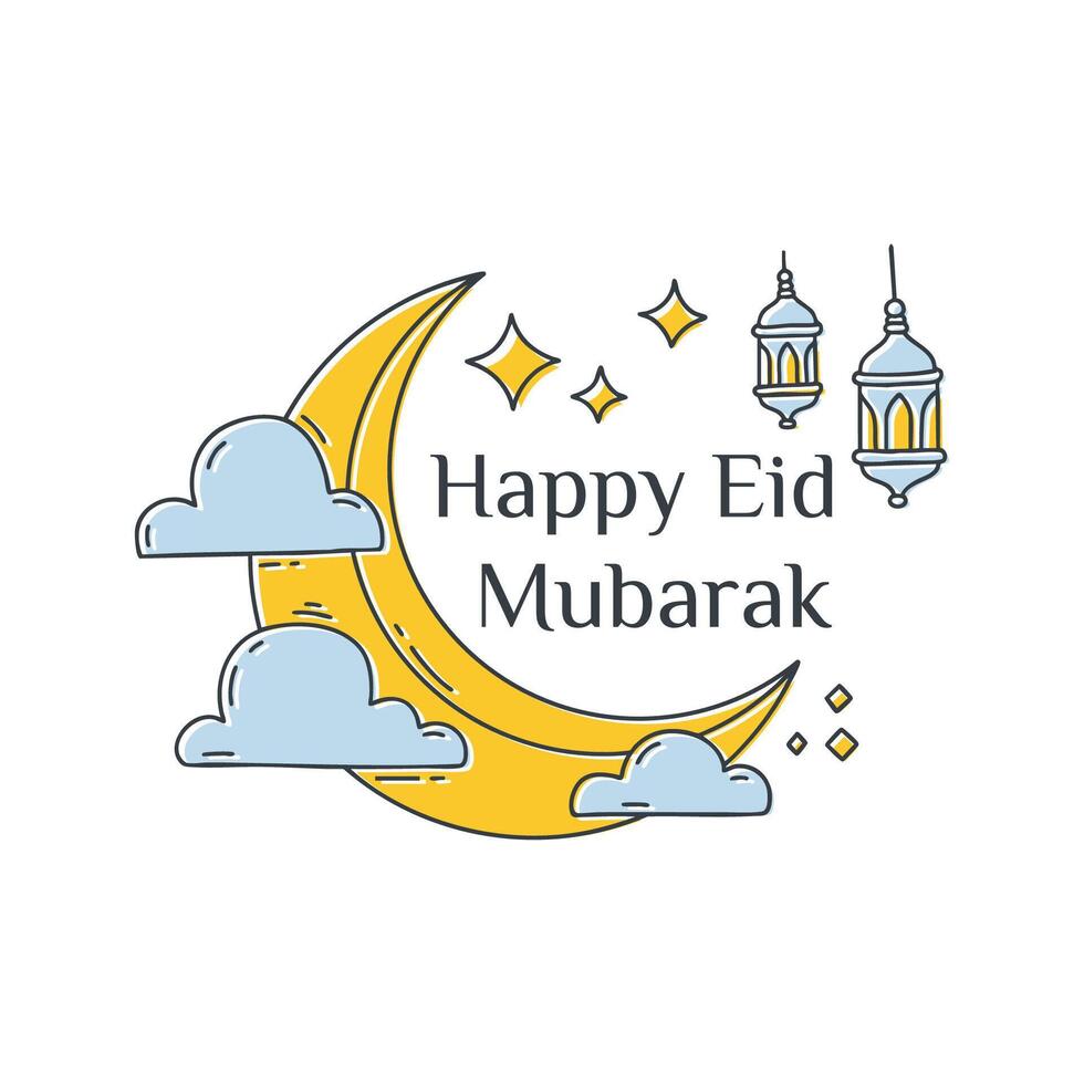 A festive hand-drawn Eid Mubarak design featuring a crescent moon, lanterns, clouds, and stars. Perfect for greeting cards, social media, posters, and Islamic festival decorations. vector