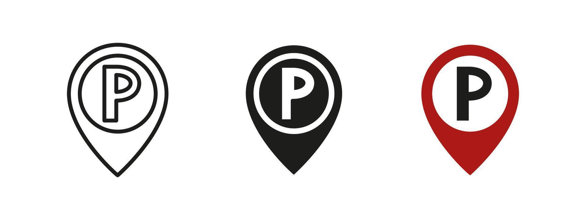 Parking icon. Location marker with P symbol illustration. Sign representing designated car space, navigation and urban convenience for drivers in public and private areas. vector