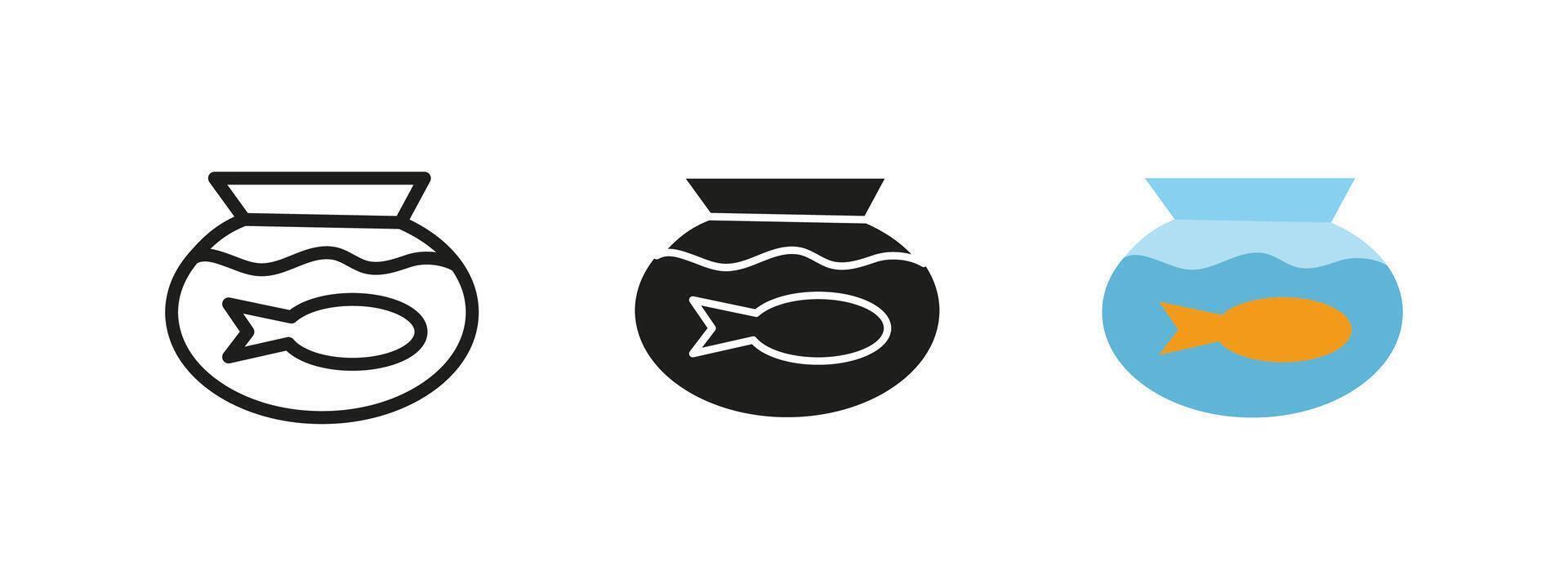 Fish icon. Small goldfish swimming in a round bowl illustration. Simple pet aquarium symbol. Home decoration pictogram. Aquatic and marine life concept. vector