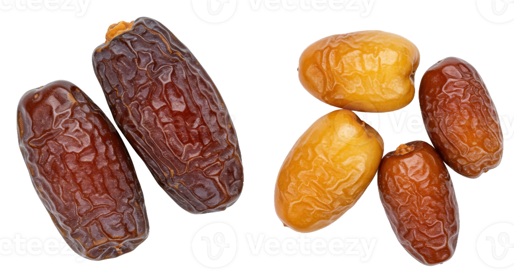 Assortment of dark brown dates with textured skin for ramadan decor on transparent background png
