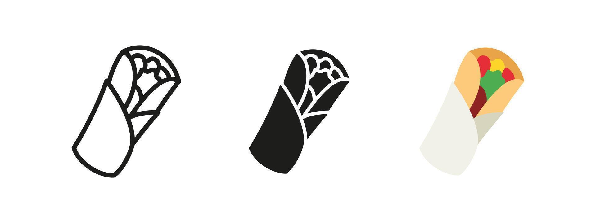 Burrito icon. Wrapped tortilla filled with fresh ingredients illustration. Mexican food symbol. Tasty and savory street food pictogram. Fast food and snack concept. vector