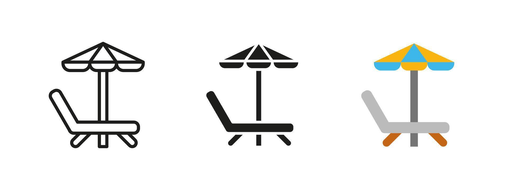 Beach chair icon. Lounge chair with umbrella illustration for summer relaxation and vacation. A comfortable seating option for enjoying shade at the beach or resort. vector