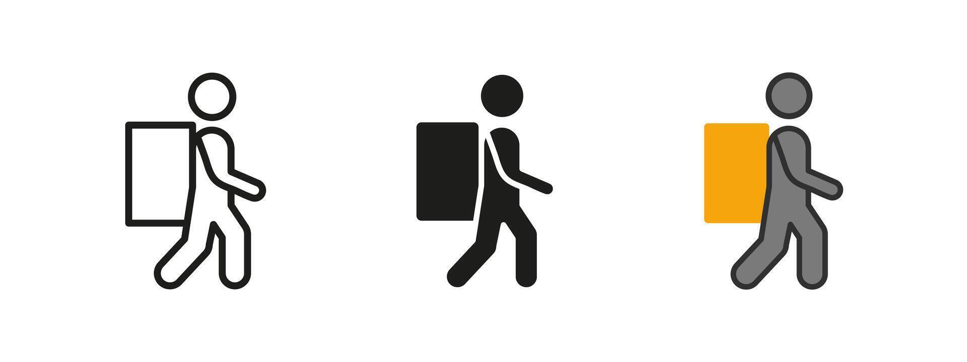 Courier delivery icon. Walking messenger carrying a package illustration. Parcel shipping and logistics service symbol. E-commerce, food delivery and postal distribution concept. vector