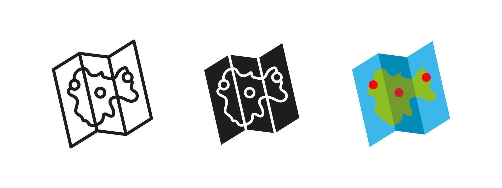 Map icon. Folded travel map with location markers illustration. Represents navigation, geography and exploration for tourism, trip planning and adventure routes. vector