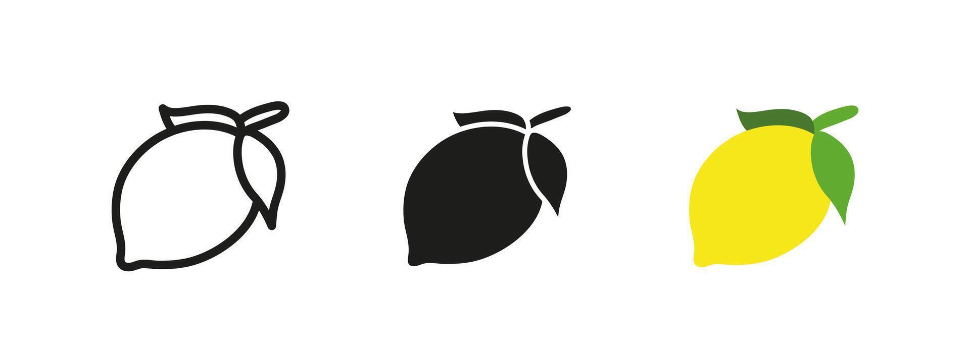 Lemon icon. Fresh citrus fruit with green leaves illustration. Sour and juicy tropical symbol. Rich in vitamin C pictogram. Healthy and refreshing natural food concept. vector