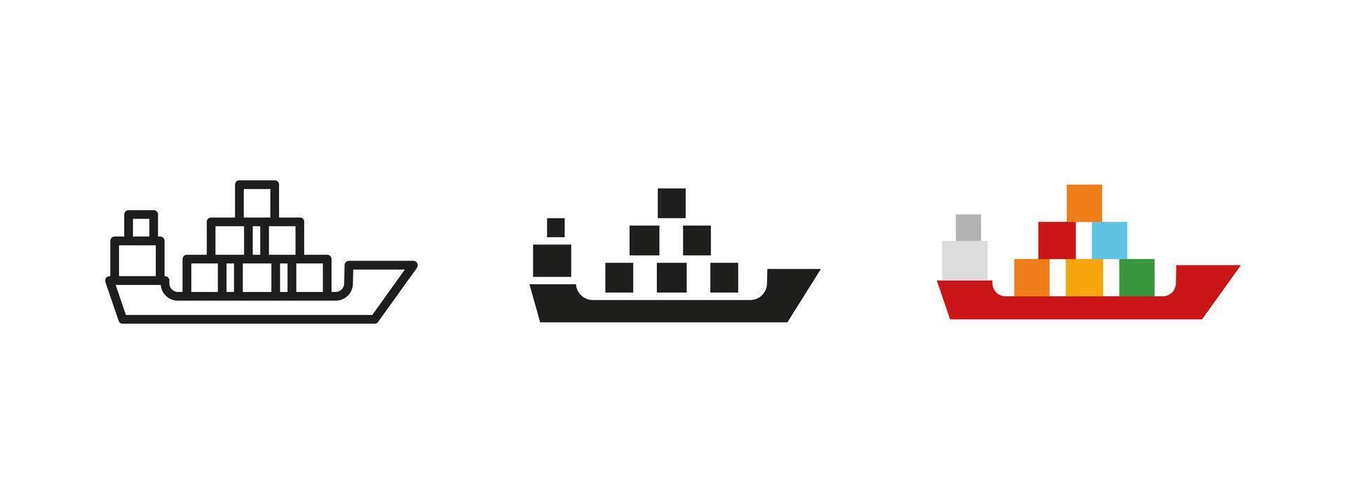 Cargo ship icon. Container vessel transporting freight illustration. Maritime shipping and global trade symbol. Logistics, import, export and sea transport concept. vector