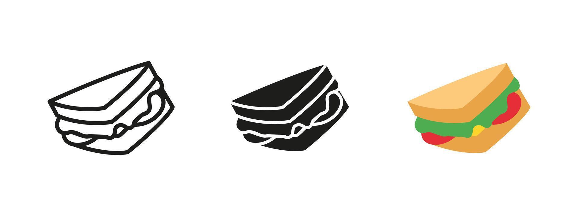 Sandwich icon. Classic snack with bread, cheese, lettuce and tomato illustration. Tasty and fresh meal symbol. Quick lunch and fast food pictogram. Nutritious and delicious food concept. vector