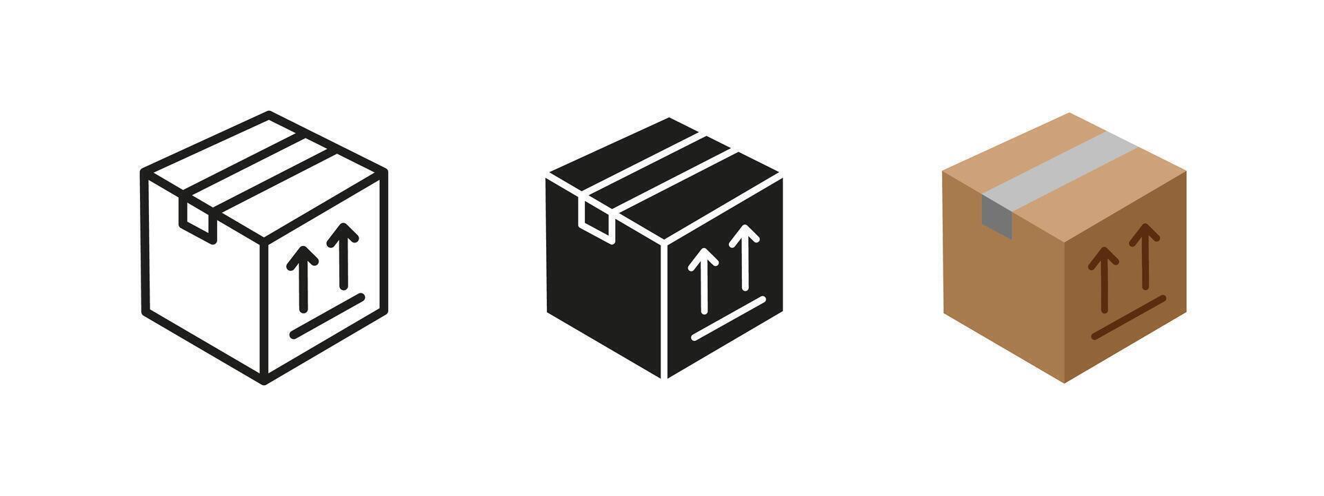 Package box icon. Cardboard shipping container illustration. Logistics and delivery parcel symbol. Postal service, cargo transportation and storage concept. Warehousing and freight management. vector