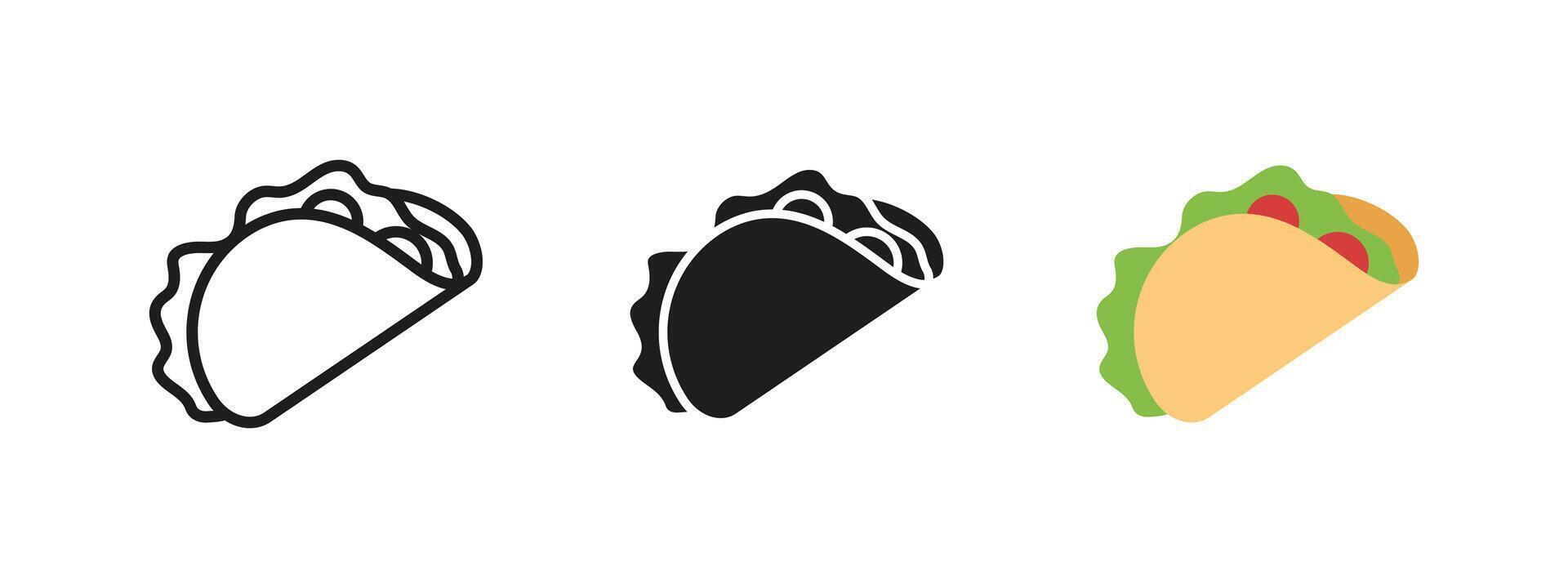 Taco icon. Mexican food wrap with cheese, tomato and fresh vegetables illustration. Delicious snack and fast food symbol. Spicy tortilla meal concept for casual dining or lunch. vector