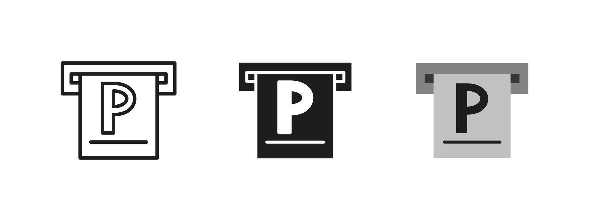 Parking icon. Letter P on a hanging sign illustration. Roadside symbol indicating car space availability, vehicle storage and public parking area guidance. vector