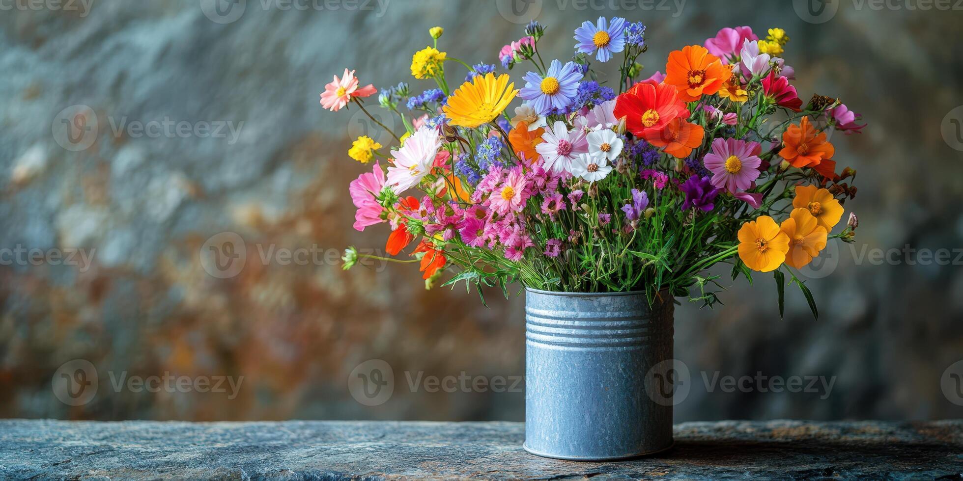 Colorful wildflower arrangement in a rustic tin can placed on a stone surface against a textured background photo