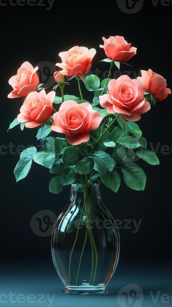 Vibrant coral roses in a clear glass vase against a dark background highlighting their beauty and elegance photo