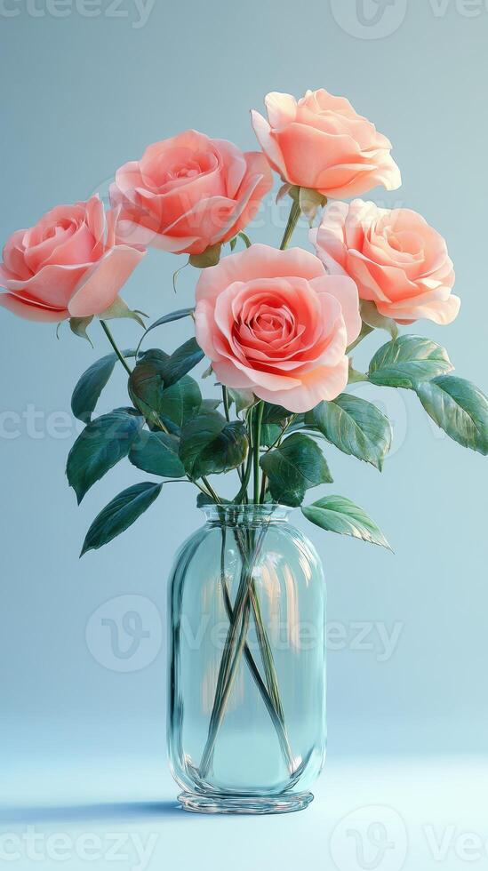 Beautiful pink roses arranged in a clear glass vase against a soft blue background photo