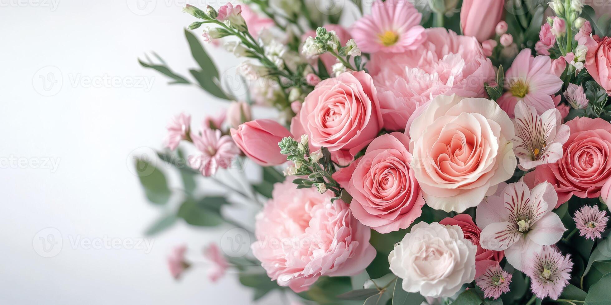Beautiful bouquet of pink flowers arranged artistically in a soft, neutral setting photo