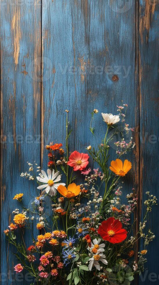 Vibrant wildflowers arranged against a rustic blue wooden backdrop in a bright and cheerful display photo