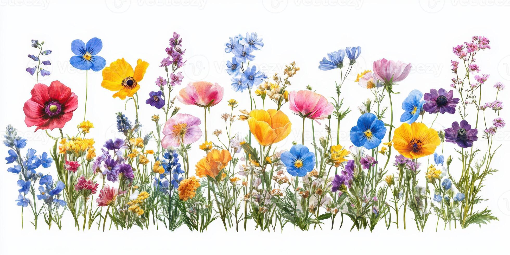 Vibrant wildflowers in full bloom create a colorful display in a sunny meadow during springtime photo
