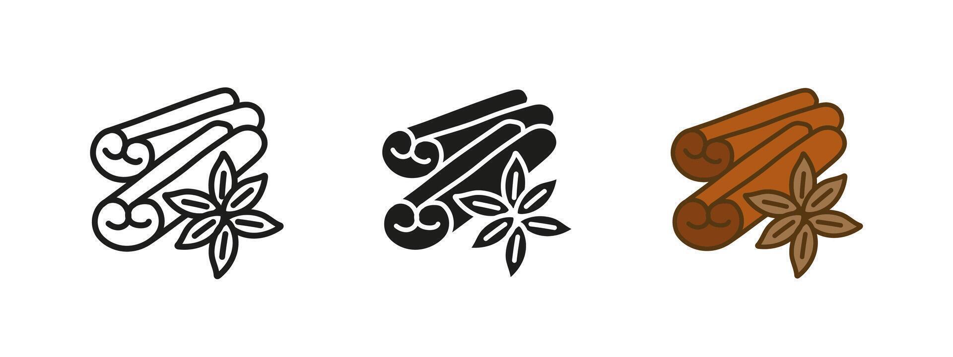 Cinnamon icon. Aromatic cinnamon sticks with star anise illustration. Flavorful spice symbol. Essential baking ingredient pictogram. Sweet and fragrant seasoning concept for cooking. vector