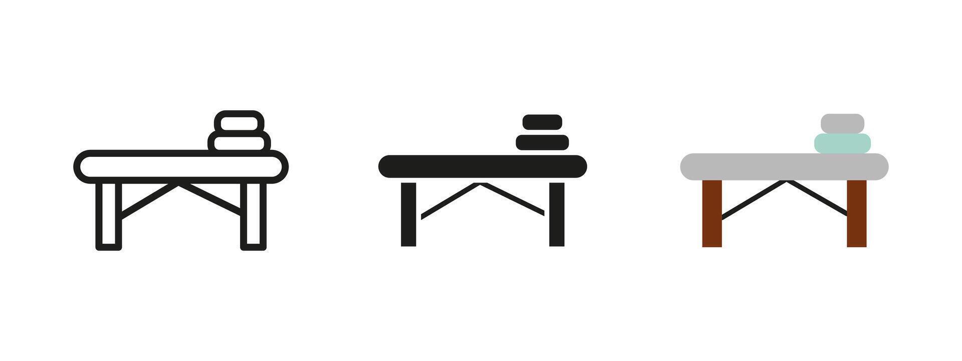 Massage table icon. Spa and wellness therapy illustration. Professional treatment symbol representing relaxation, body care and self-care essentials for health and comfort. vector