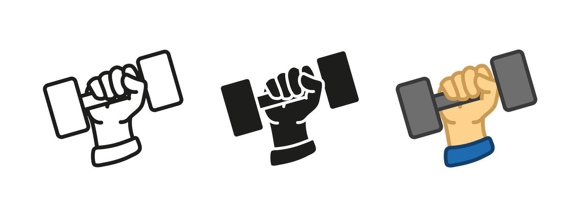 Dumbbell hand icon. Strong grip illustration. Symbol of fitness, weightlifting, and workout training. Gym and exercise pictogram. Strength and power concept for sport and bodybuilding designs. vector
