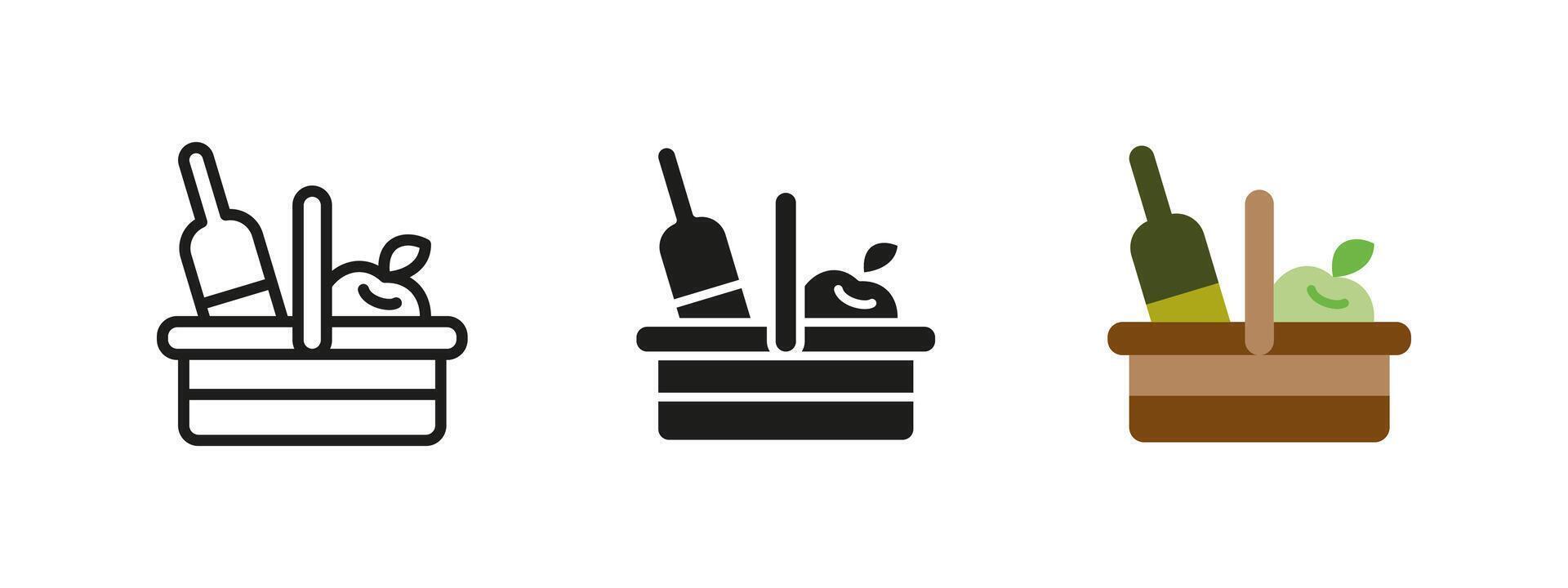 Picnic basket icon with apples and bottle illustration. Food container for outdoor leisure and healthy snacks. Fresh fruit and drink for a relaxing summer outing. vector