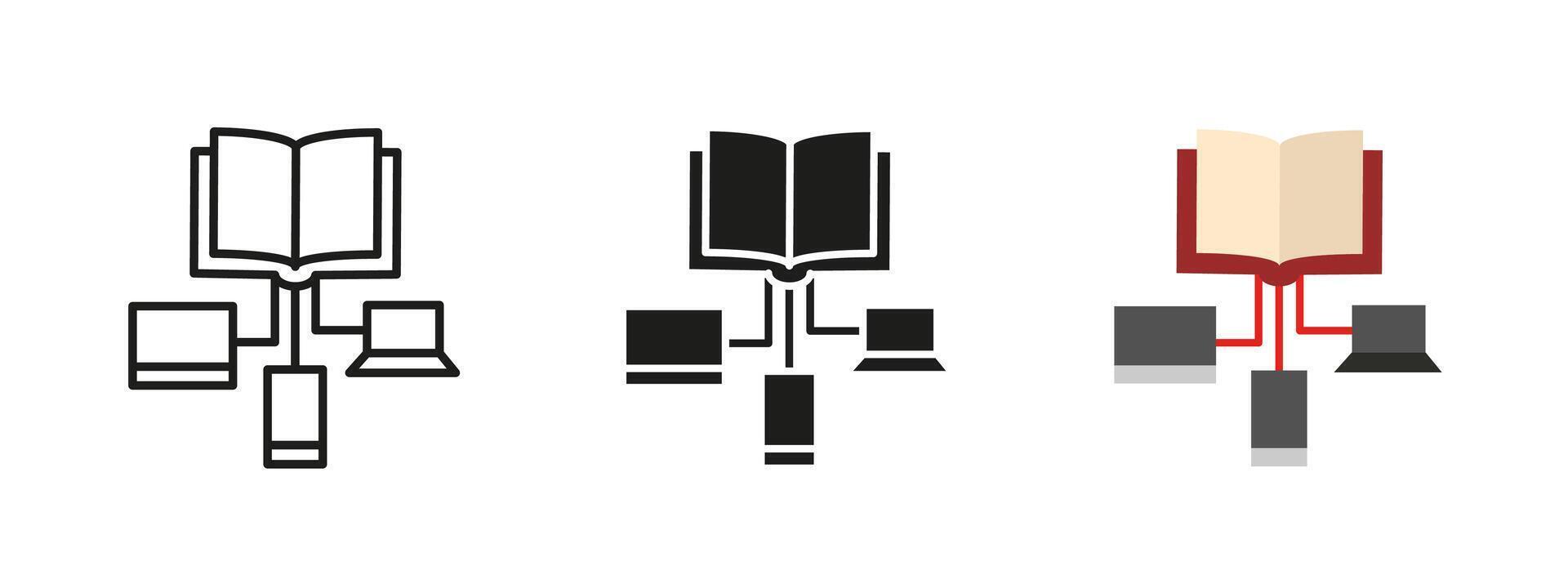 libro icono. digital educación y en línea aprendizaje concepto. en línea lector utilizando computadora con libros para estudiando. e-learning ilustración con tecnología y ordenador portátil vector