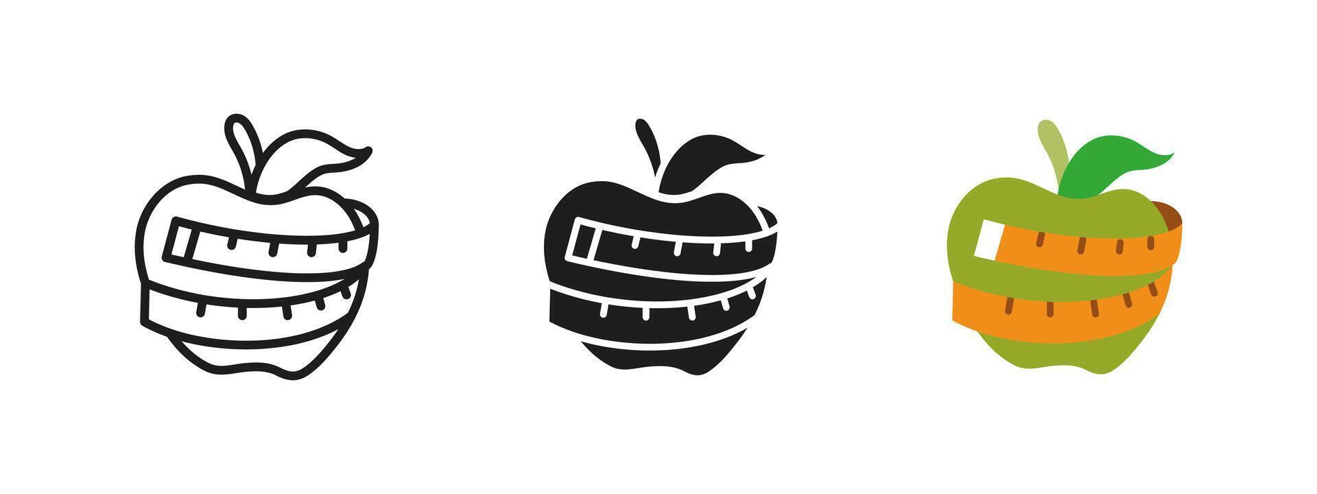 Diet apple icon. Healthy nutrition illustration. Symbol of weight loss, diet and wellness. Apple wrapped with measuring tape pictogram. Fitness, healthy eating, metabolism or body shape concept vector