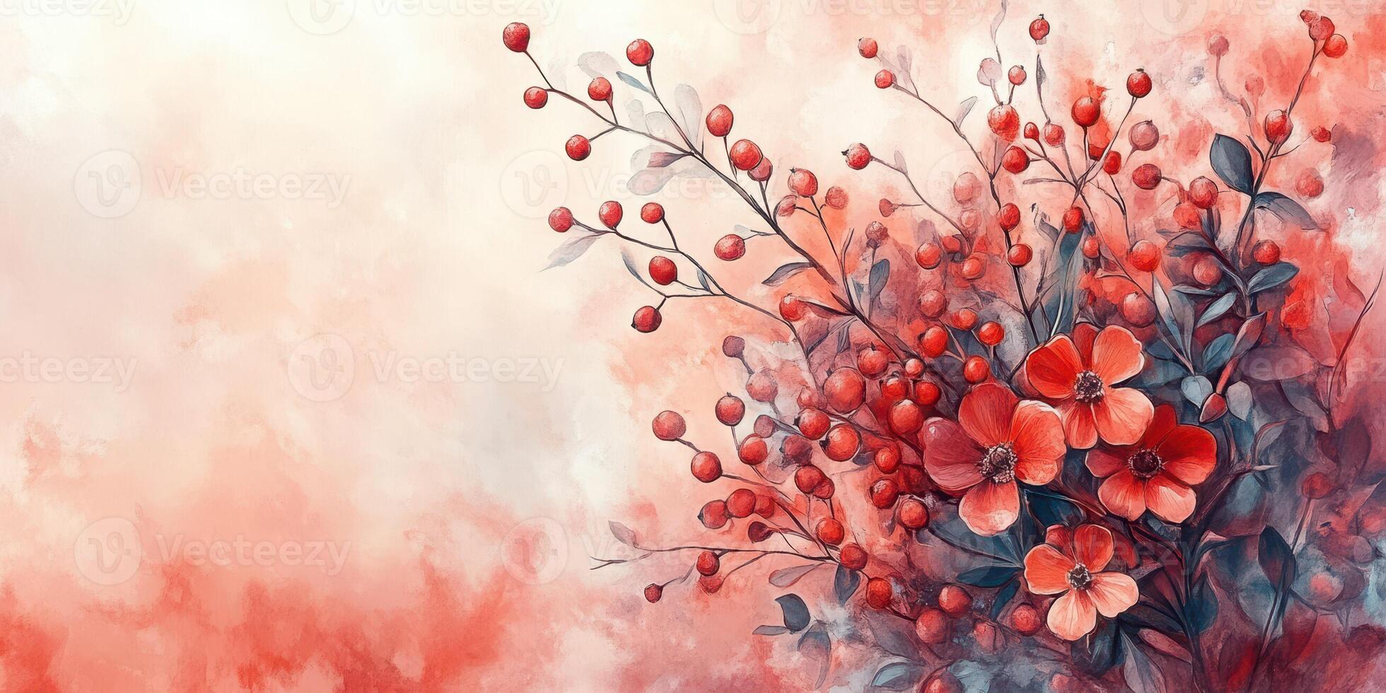 Colorful floral arrangement featuring red flowers and berries with a soft gradient backdrop photo