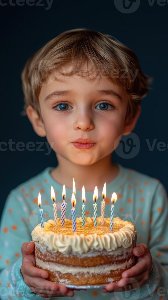 Young child celebrates birthday with cake and candles in cozy indoor setting at evening photo