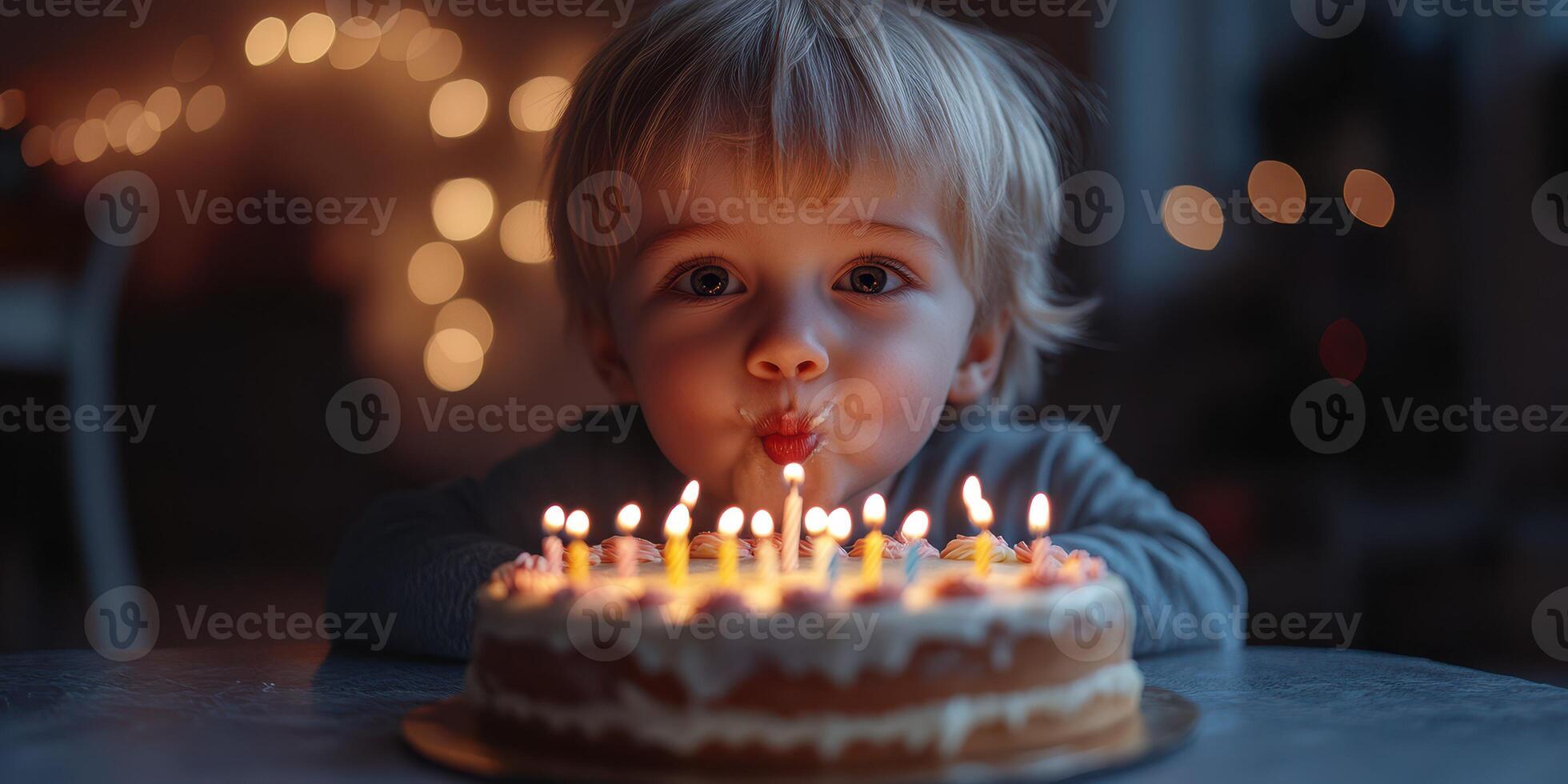Child about to blow out birthday candles on a cake during a celebration with warm lights in the background photo