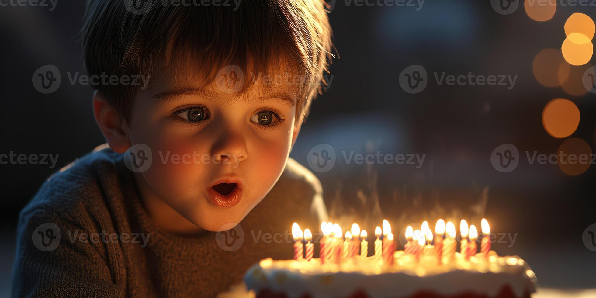 Young boy excitedly prepares to blow out birthday candles on a decorated cake during an evening celebration with warm lights photo