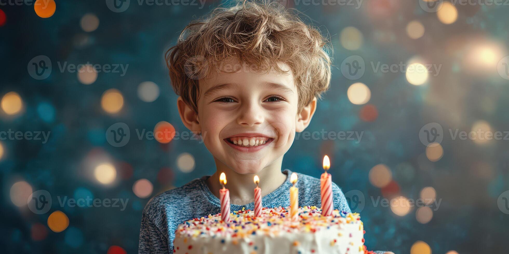 Smiling child celebrating birthday with colorful cake and candles in bright festive atmosphere photo
