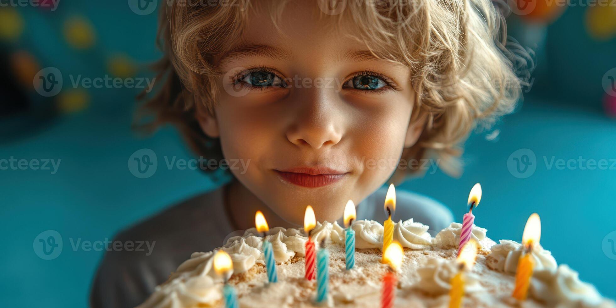 Child celebrates birthday with cake and candles in a joyful setting during a cheerful party with vibrant decorations photo
