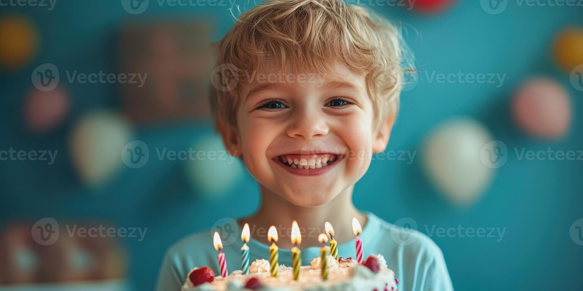 Joyful boy celebrating birthday with cake and candles in a colorful room filled with decorations photo