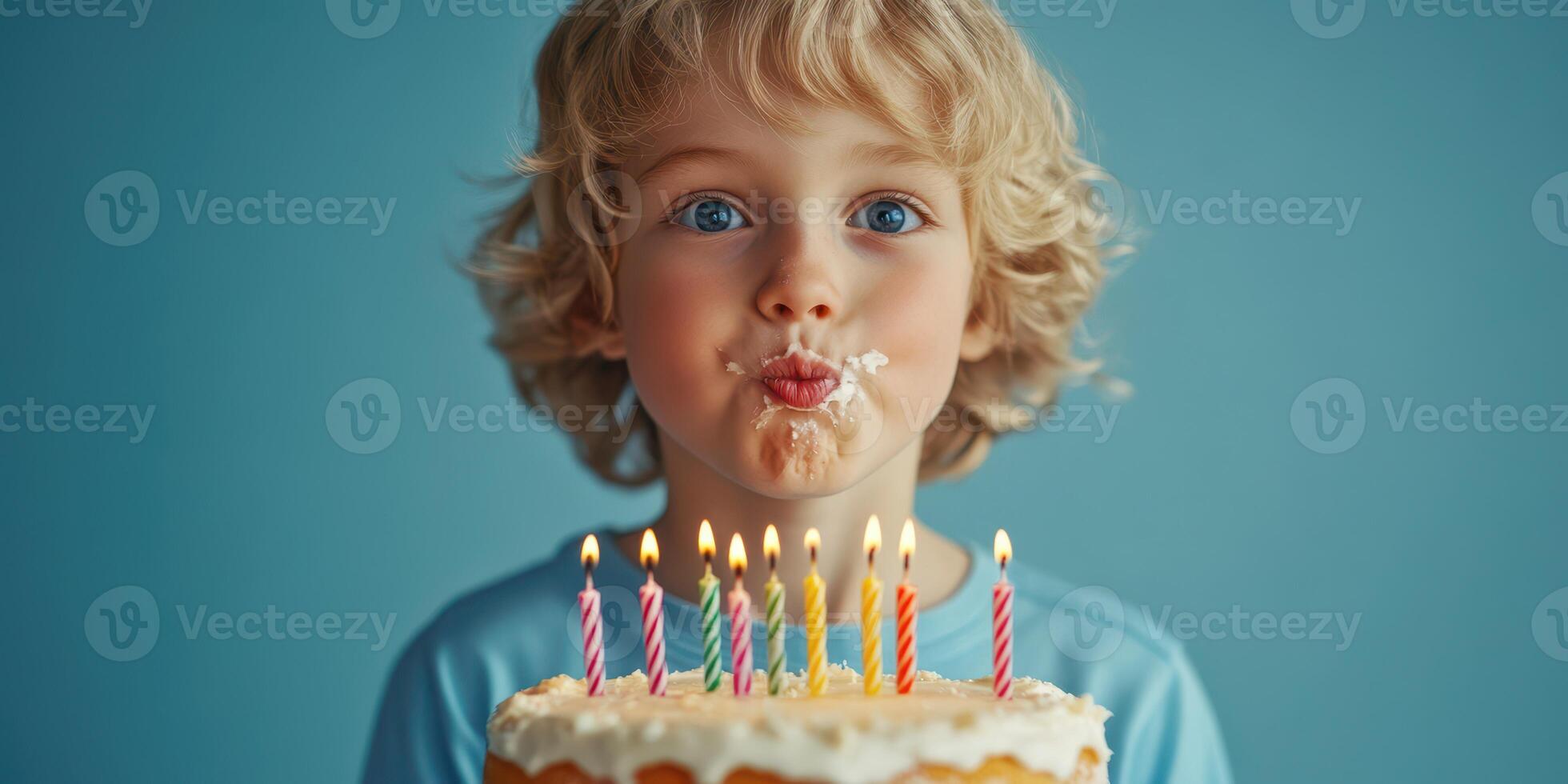 Joyful child celebrating birthday with cake and candles at home in a cheerful setting photo