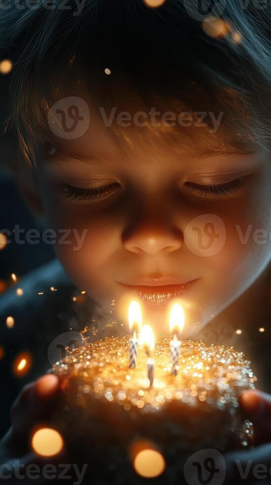 Child blowing out birthday candles, celebrating a special moment with joy and wonder photo
