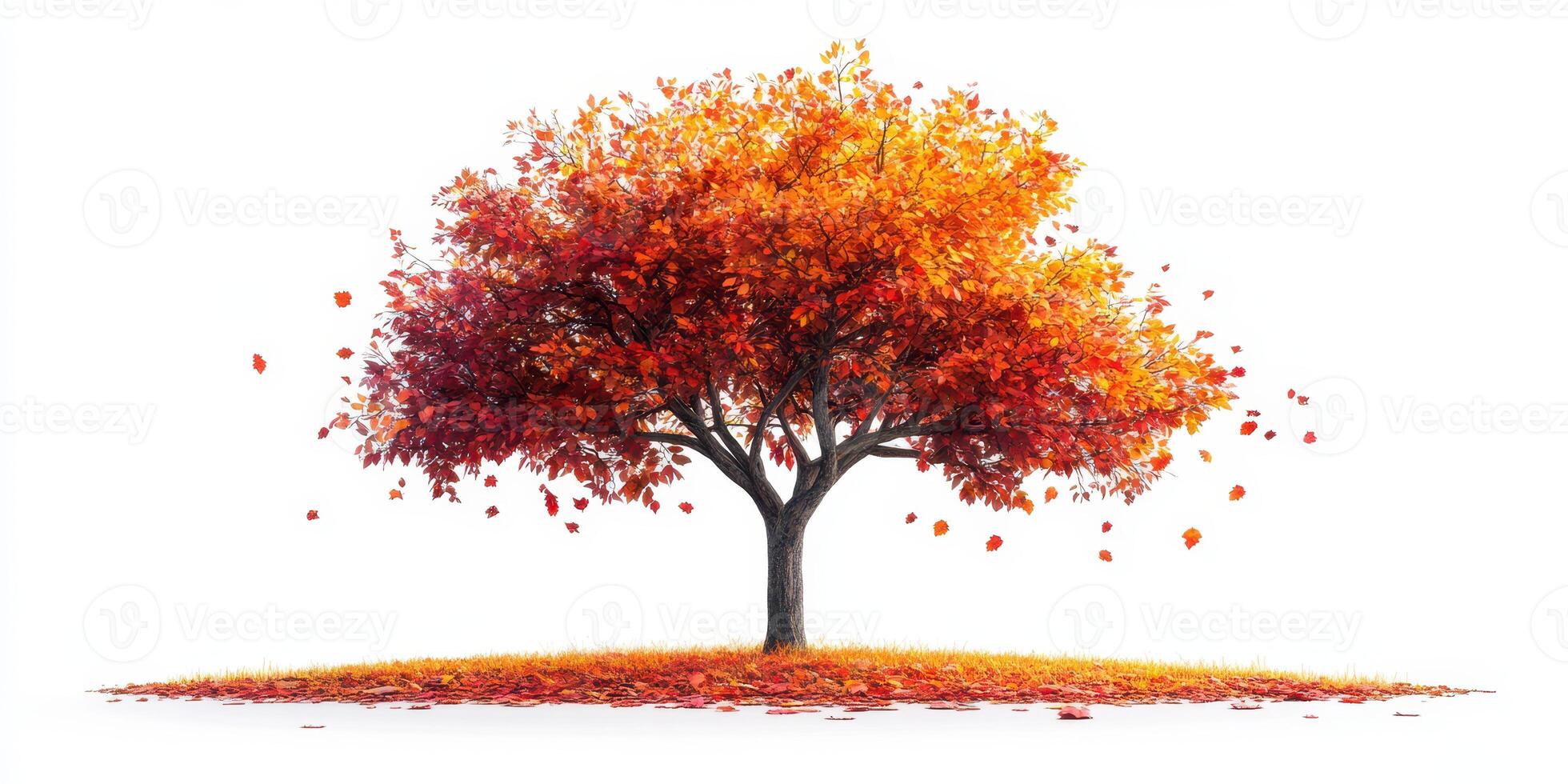 Vibrant autumn tree with falling leaves in a serene landscape during the fall season photo