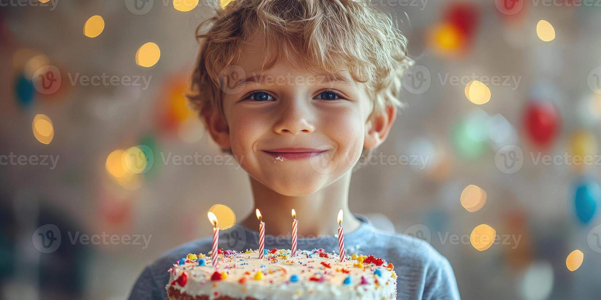 Young boy smiles joyfully while holding a decorated birthday cake with lit candles in a festive environment photo